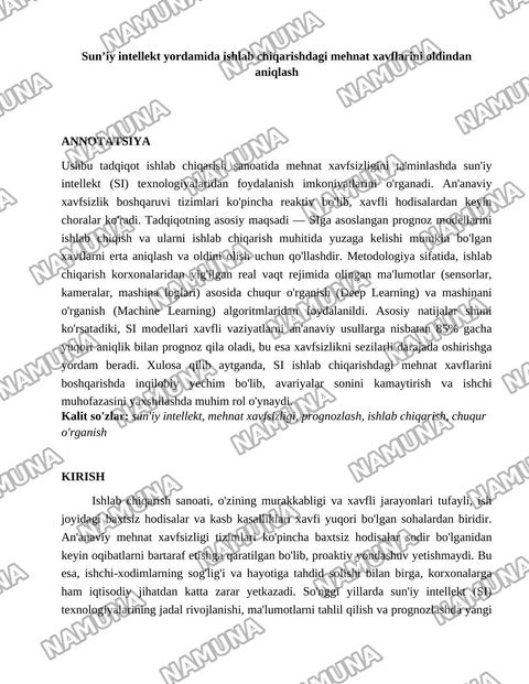 Sun’iy intellekt yordamida ishlab chiqarishdagi mehnat xavflarini oldindan aniqlash — maqola