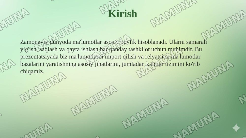Maʼlumotlarni import qilish va relyatsion maʼlumotlar bazasi yaratish Maʼlumotlarni import qilish. Relyatsion maʼlumotlar bazasini yaratish. Kalitlar. Murakkab kalit. Tashqi kalit. — taqdimot, 3-slayd