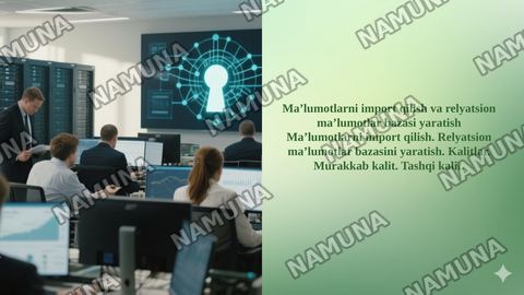 Maʼlumotlarni import qilish va relyatsion maʼlumotlar bazasi yaratish Maʼlumotlarni import qilish. Relyatsion maʼlumotlar bazasini yaratish. Kalitlar. Murakkab kalit. Tashqi kalit. — taqdimot