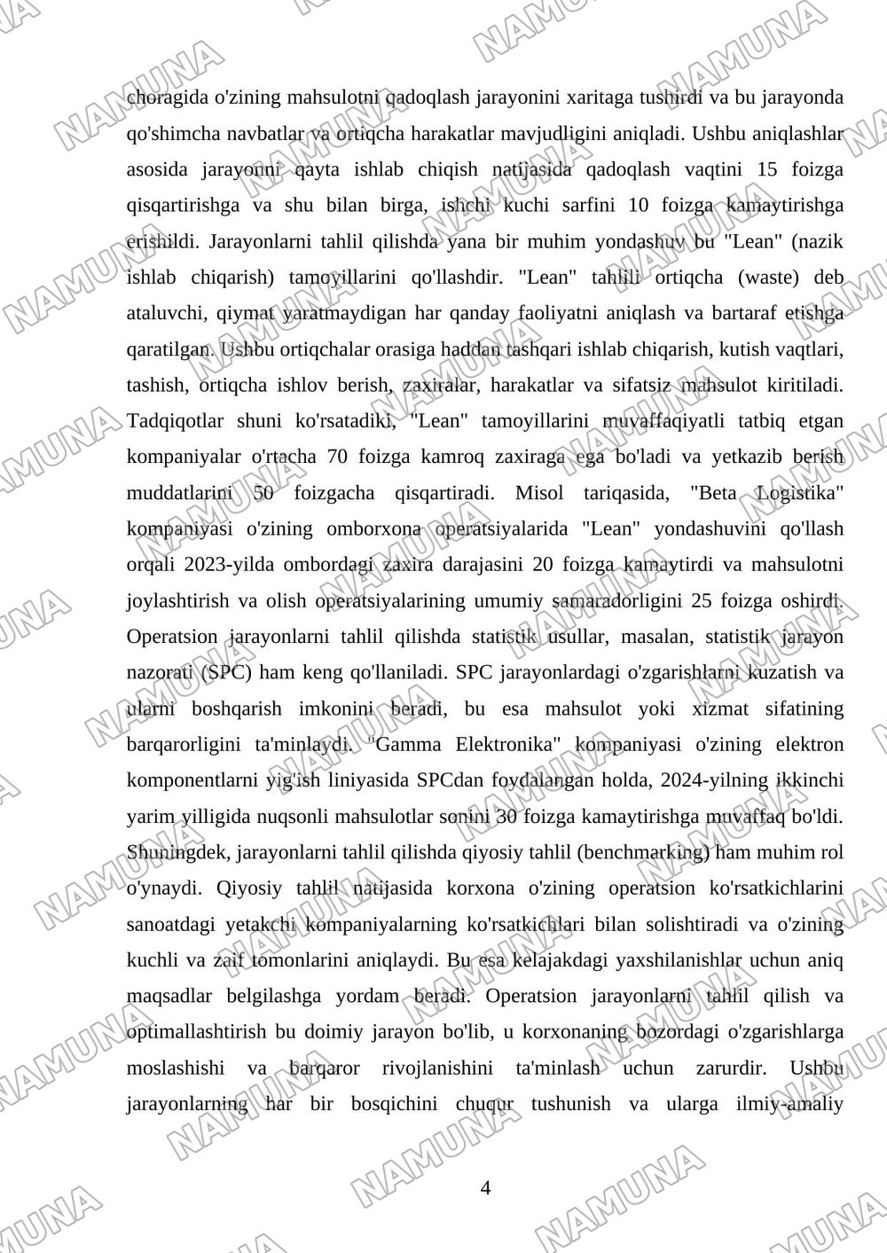 Korxonaning operatsion rejasini Loyixalash va resurslarni optimallashtirish — mustaqil ish, 4-varaq