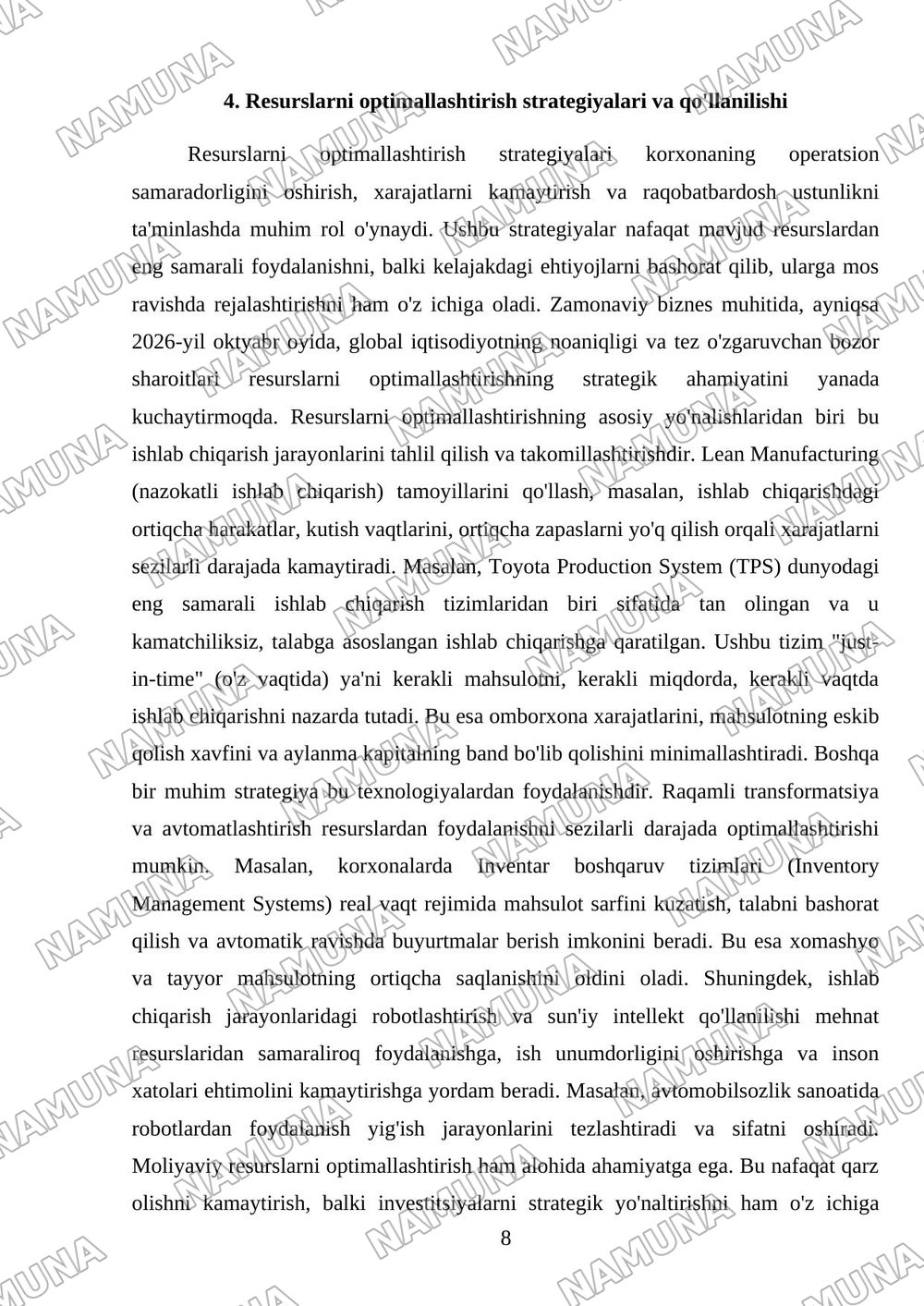 Korxonaning operatsion rejasini Loyixalash va resurslarni optimallashtirish — mustaqil ish, 8-varaq