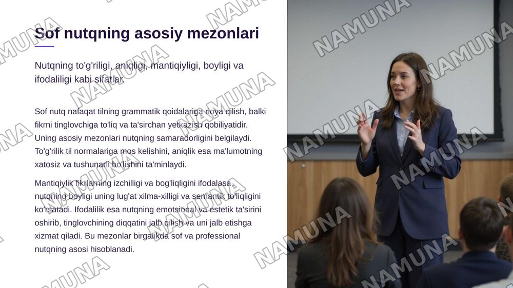 Til va nutq madaniyati-har bir mutaxassisning kasbiy faoliyatida muhim asos.Nutqning sofligi nafaqat shaxsning ma'naviy maʼrifiy darajasini,balki uning professional mahoratini ham aks ettiradi — zamonaviy taqdimot, 5-slayd