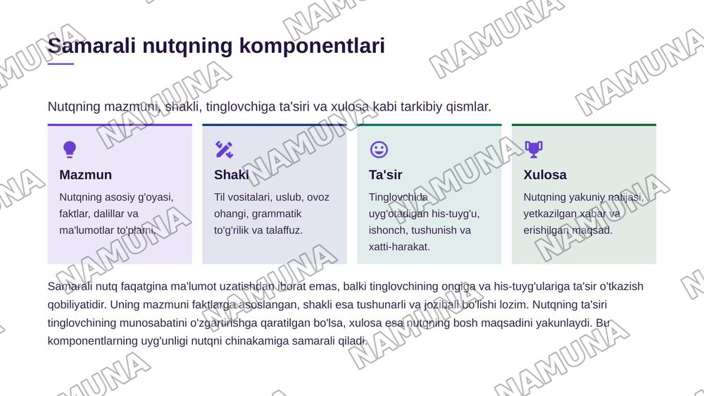 Til va nutq madaniyati-har bir mutaxassisning kasbiy faoliyatida muhim asos.Nutqning sofligi nafaqat shaxsning ma'naviy maʼrifiy darajasini,balki uning professional mahoratini ham aks ettiradi — zamonaviy taqdimot, 7-slayd