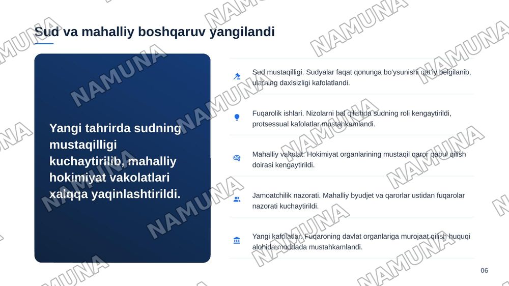 O'zbekiston konstitutsiyasi eski va yangi nashrdagi 7 bob o'zgarishlar tahlili — zamonaviy taqdimot, 7-slayd
