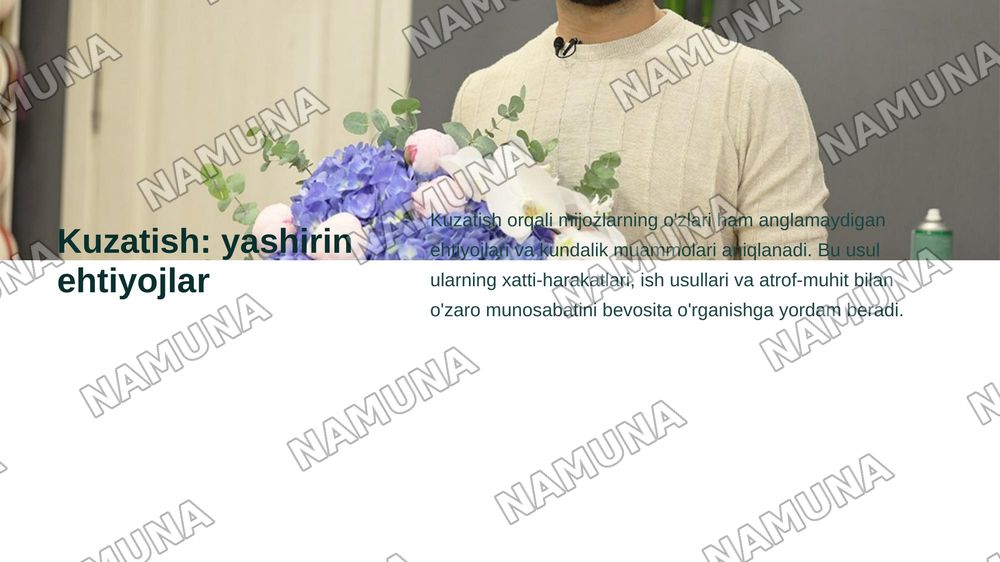 Mijoz muammosi asosida biznes g'oyani shakllantirish. Bozordagi
bo'shliqlar va real muammolarga asoslangan biznes g'oyalarni
shakllantirish.G'oyalarni topish va tahlil qilish usullari: kuzatish,
mijoz bilan suhbat, so'rovnoma va fikrlar shturmi. Eng kam
xarajatli sinov mahsuloti (MVP) konsepsiyasi:  — zamonaviy taqdimot, 6-slayd