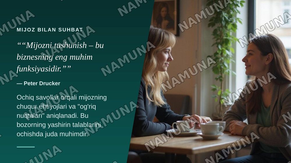 Mijoz muammosi asosida biznes g'oyani shakllantirish. Bozordagi
bo'shliqlar va real muammolarga asoslangan biznes g'oyalarni
shakllantirish.G'oyalarni topish va tahlil qilish usullari: kuzatish,
mijoz bilan suhbat, so'rovnoma va fikrlar shturmi. Eng kam
xarajatli sinov mahsuloti (MVP) konsepsiyasi:  — zamonaviy taqdimot, 7-slayd
