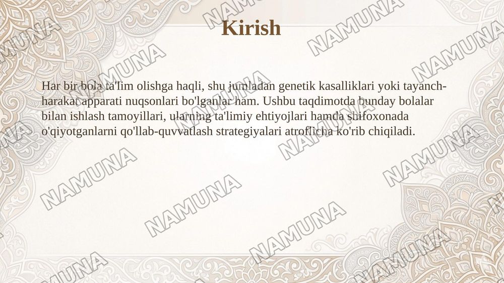 Genetik kasalliklari boʻlgan oʻquvchilar bilan mashgʻulot oʻtish tamoyillari. Tayanch-harakat apparatida nuqsoni boʻlgan bolalarning ta'limiy ehtiyojlari va imkoniyatlari. Shifoxonada ta'lim olayotgan bolalarni qoʻllab-quvvatlash — taqdimot, 3-slayd