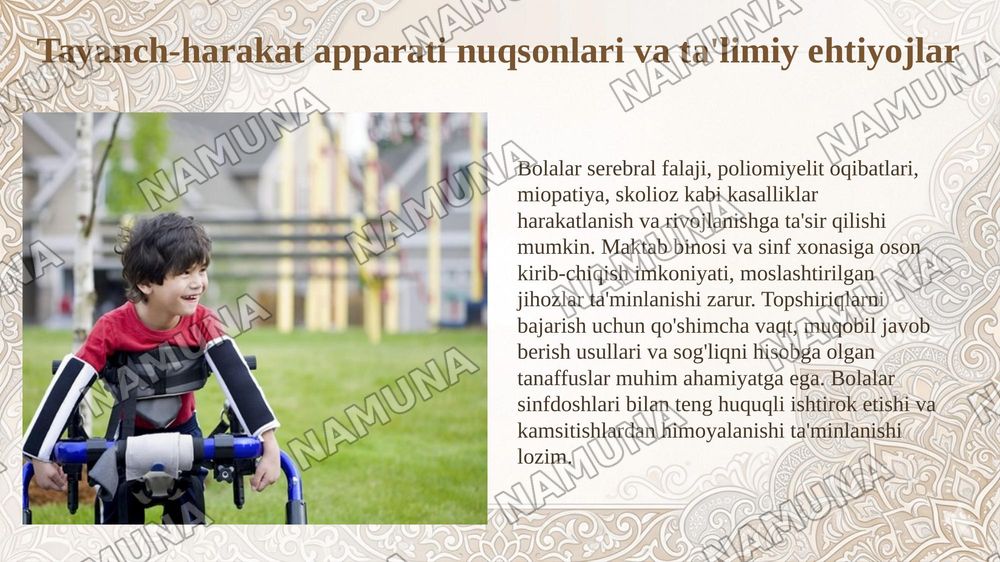 Genetik kasalliklari boʻlgan oʻquvchilar bilan mashgʻulot oʻtish tamoyillari. Tayanch-harakat apparatida nuqsoni boʻlgan bolalarning ta'limiy ehtiyojlari va imkoniyatlari. Shifoxonada ta'lim olayotgan bolalarni qoʻllab-quvvatlash — taqdimot, 5-slayd