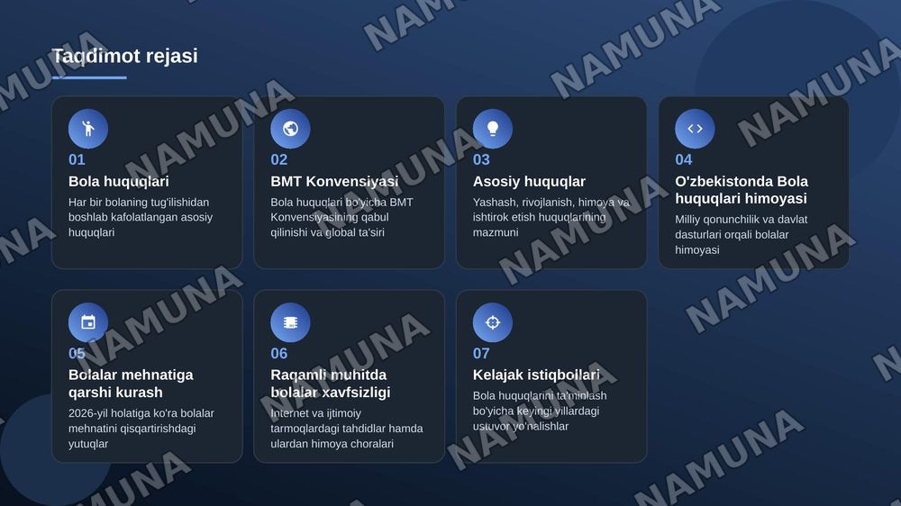 Mavzu: Bola huquqlari 
Taqdimotni yuqorisiga Rustamova Dilfuza 103 guruh deb qozib ber 
Bir nechta rasimlar ham qoʻsh
Rasmiy manbalrdan ol — zamonaviy taqdimot, 2-slayd