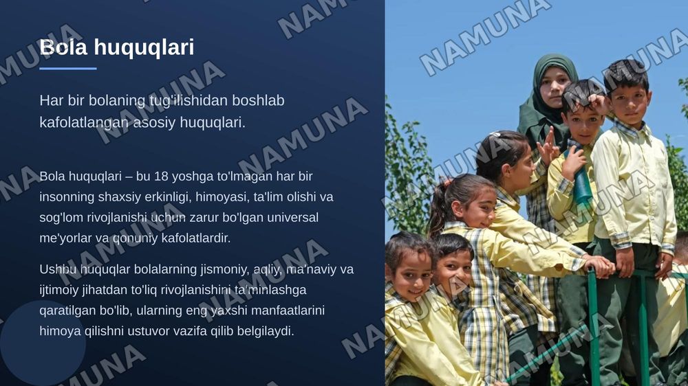 Mavzu: Bola huquqlari 
Taqdimotni yuqorisiga Rustamova Dilfuza 103 guruh deb qozib ber 
Bir nechta rasimlar ham qoʻsh
Rasmiy manbalrdan ol — zamonaviy taqdimot, 3-slayd