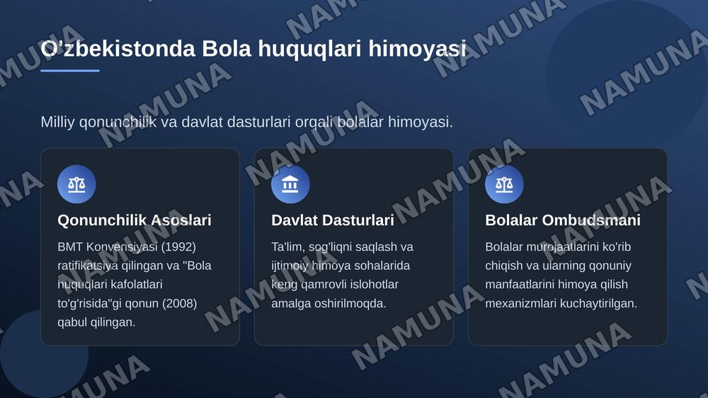 Mavzu: Bola huquqlari 
Taqdimotni yuqorisiga Rustamova Dilfuza 103 guruh deb qozib ber 
Bir nechta rasimlar ham qoʻsh
Rasmiy manbalrdan ol — zamonaviy taqdimot, 6-slayd