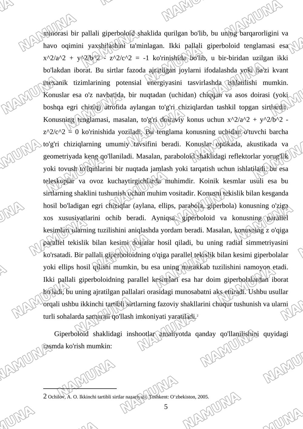Ikkinchi tartibli sirtlar; sfera, elipsoid, giperboloid, konus, paraboloid, ularning shakllarini parallel kesimlar usulida tekshirish, koinik kesmlar — mustaqil ish, 5-varaq
