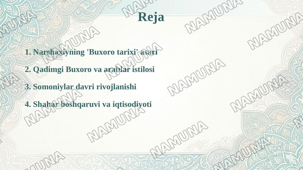 Buxoro tarixi» — Abu Bakr Muhammad Narshaxiy  X asr (943–944)  Buxoroning qadimgi tarixi, arablar istilosi, Somoniylar davri, shahar boshqaruvi va iqtisodiy hayoti. — taqdimot, 2-slayd