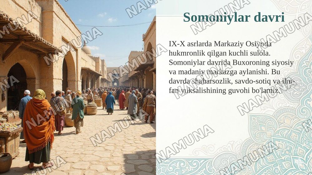 Buxoro tarixi» — Abu Bakr Muhammad Narshaxiy  X asr (943–944)  Buxoroning qadimgi tarixi, arablar istilosi, Somoniylar davri, shahar boshqaruvi va iqtisodiy hayoti. — taqdimot, 6-slayd