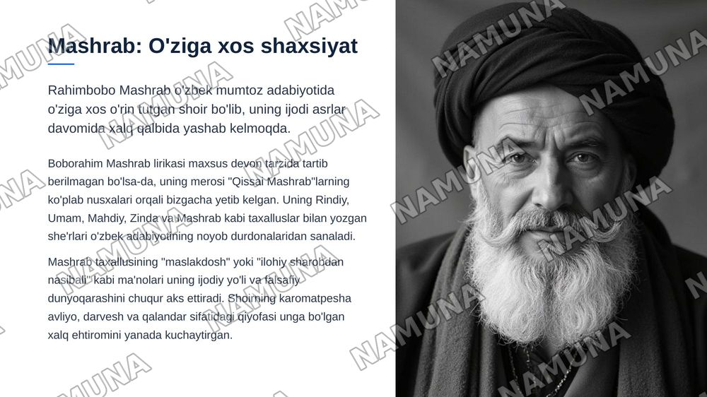 Rahimbobo Mashrab ijodidagi falsafiylikni o‘rganing va uning she’rlarida falsafiy hamda tasavvufiy g‘oyalarning badiiy ifodasini tahlili aks etgan taqdimot tayyorlang — zamonaviy taqdimot, 3-slayd