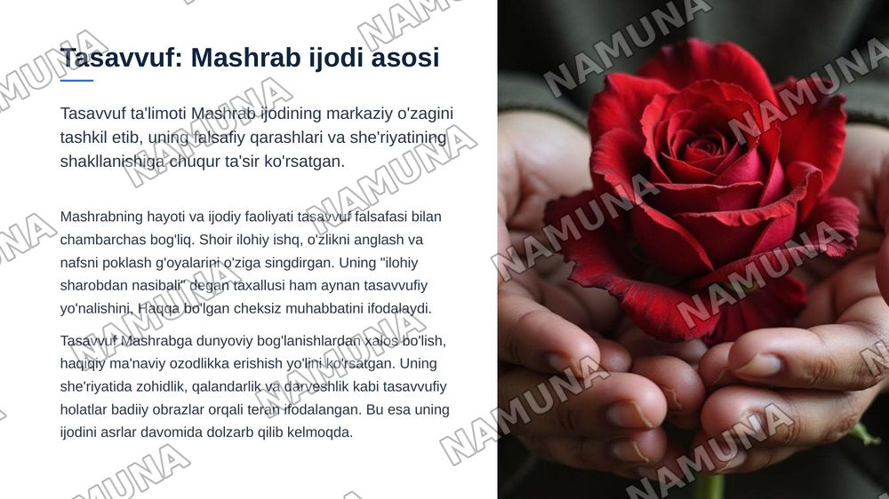 Rahimbobo Mashrab ijodidagi falsafiylikni o‘rganing va uning she’rlarida falsafiy hamda tasavvufiy g‘oyalarning badiiy ifodasini tahlili aks etgan taqdimot tayyorlang — zamonaviy taqdimot, 5-slayd