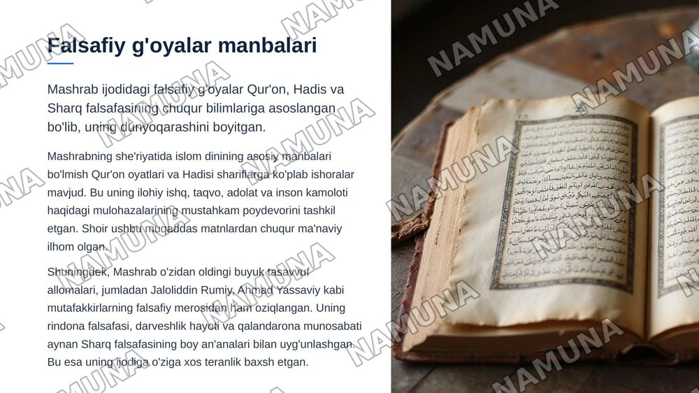 Rahimbobo Mashrab ijodidagi falsafiylikni o‘rganing va uning she’rlarida falsafiy hamda tasavvufiy g‘oyalarning badiiy ifodasini tahlili aks etgan taqdimot tayyorlang — zamonaviy taqdimot, 6-slayd