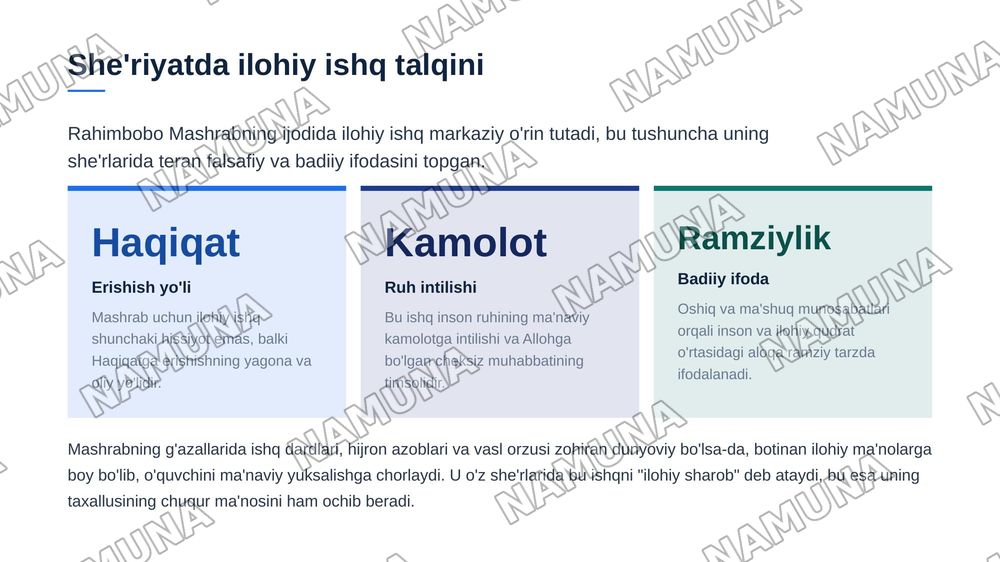 Rahimbobo Mashrab ijodidagi falsafiylikni o‘rganing va uning she’rlarida falsafiy hamda tasavvufiy g‘oyalarning badiiy ifodasini tahlili aks etgan taqdimot tayyorlang — zamonaviy taqdimot, 7-slayd