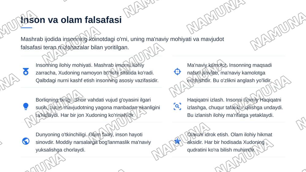 Rahimbobo Mashrab ijodidagi falsafiylikni o‘rganing va uning she’rlarida falsafiy hamda tasavvufiy g‘oyalarning badiiy ifodasini tahlili aks etgan taqdimot tayyorlang — zamonaviy taqdimot, 8-slayd