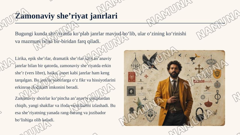 Hozirgi sheʼriyat janrlari boʻyicha taqdimot tayyorlash Faxriyor G asqarova sherlari misolida — zamonaviy taqdimot, 3-slayd