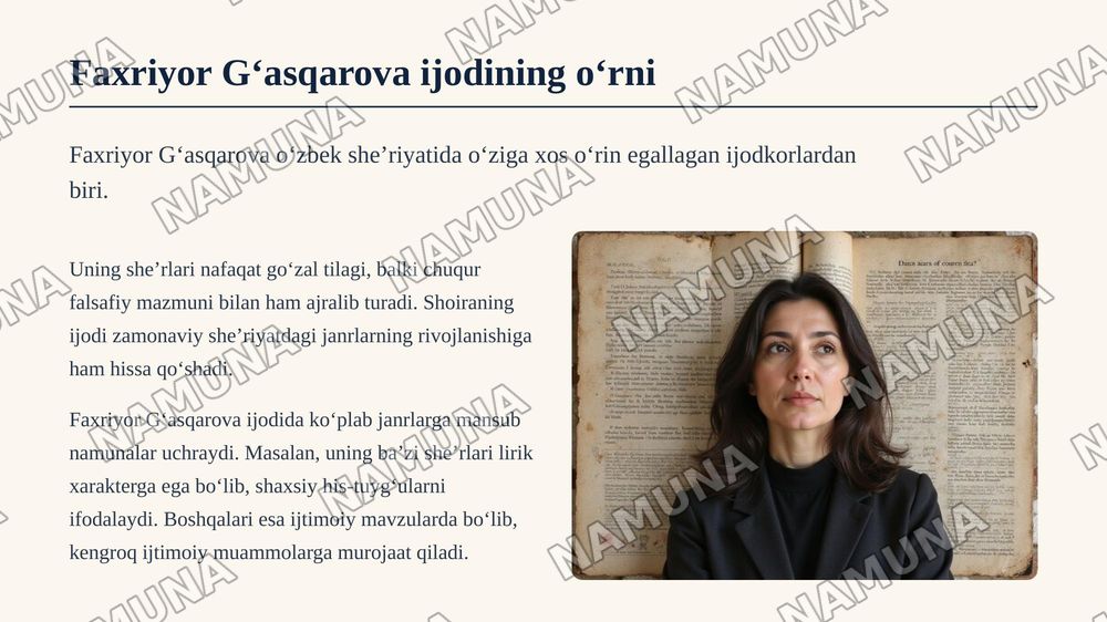 Hozirgi sheʼriyat janrlari boʻyicha taqdimot tayyorlash Faxriyor G asqarova sherlari misolida — zamonaviy taqdimot, 4-slayd