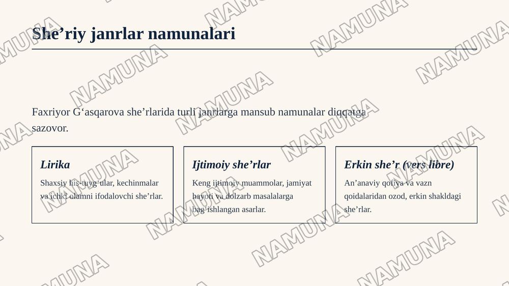 Hozirgi sheʼriyat janrlari boʻyicha taqdimot tayyorlash Faxriyor G asqarova sherlari misolida — zamonaviy taqdimot, 5-slayd