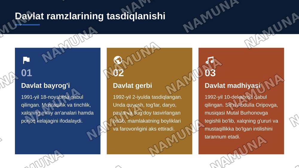 1.Mustaqillik deklaratsiyasining e’lon qilinishi
2.Davlat ramzlarining tashlik etilish
3.Mustagillikning ilk davrida davlat
suverenitetini mustahkamiash yo'lidagi
sa'y-harakatiar:
4.Milliy taraqqiyotning dastlabki
bosqichidagi muammolar:
5.O'ziga xos taraqqiyot yo'lining tanlanishi:
6.Taraqqiyotning — zamonaviy taqdimot, 4-slayd