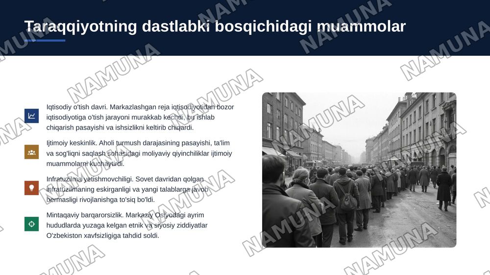 1.Mustaqillik deklaratsiyasining e’lon qilinishi
2.Davlat ramzlarining tashlik etilish
3.Mustagillikning ilk davrida davlat
suverenitetini mustahkamiash yo'lidagi
sa'y-harakatiar:
4.Milliy taraqqiyotning dastlabki
bosqichidagi muammolar:
5.O'ziga xos taraqqiyot yo'lining tanlanishi:
6.Taraqqiyotning — zamonaviy taqdimot, 6-slayd