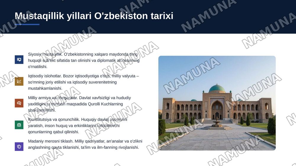 1.Mustaqillik deklaratsiyasining e’lon qilinishi
2.Davlat ramzlarining tashlik etilish
3.Mustagillikning ilk davrida davlat
suverenitetini mustahkamiash yo'lidagi
sa'y-harakatiar:
4.Milliy taraqqiyotning dastlabki
bosqichidagi muammolar:
5.O'ziga xos taraqqiyot yo'lining tanlanishi:
6.Taraqqiyotning — zamonaviy taqdimot, 7-slayd