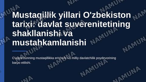 1.Mustaqillik deklaratsiyasining e’lon qilinishi
2.Davlat ramzlarining tashlik etilish
3.Mustagillikning ilk davrida davlat
suverenitetini mustahkamiash yo'lidagi
sa'y-harakatiar:
4.Milliy taraqqiyotning dastlabki
bosqichidagi muammolar:
5.O'ziga xos taraqqiyot yo'lining tanlanishi:
6.Taraqqiyotning — zamonaviy taqdimot