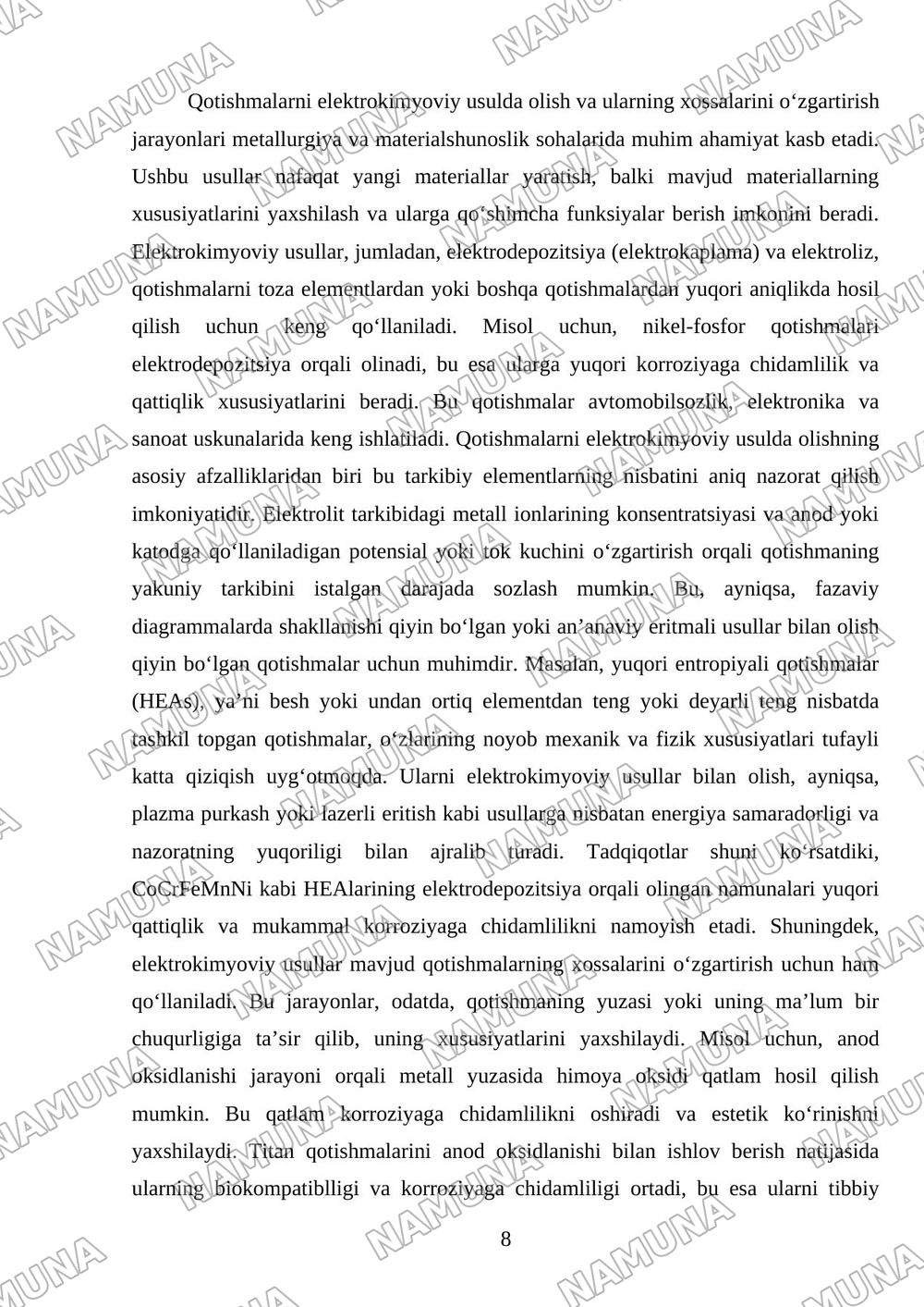 Metallar va qotishmalarni elektrokimyoviy ishlashi — mustaqil ish, 8-varaq
