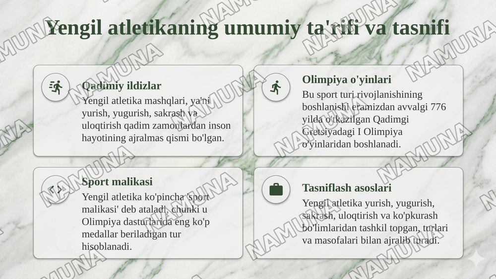 Yengil atletika va uni o‘qitish metodikasi fanining maqsadi va
vazifalari hamda rivojlanish tarixi — taqdimot, 4-slayd