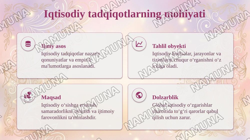 Iqtisodiy tadqiqotlarning o‘ziga xos usullari va ularni O‘zbekiston iqtisodiyotini tahlil qilishda qo‘llash. — taqdimot, 4-slayd