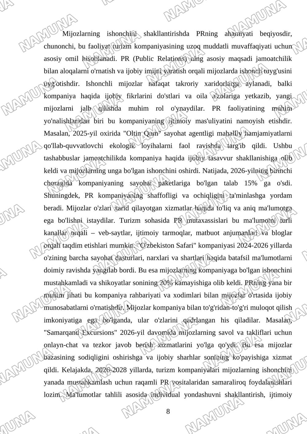 Turizmda reklama va PR faoliyatining ahamiyati — mustaqil ish, 8-varaq