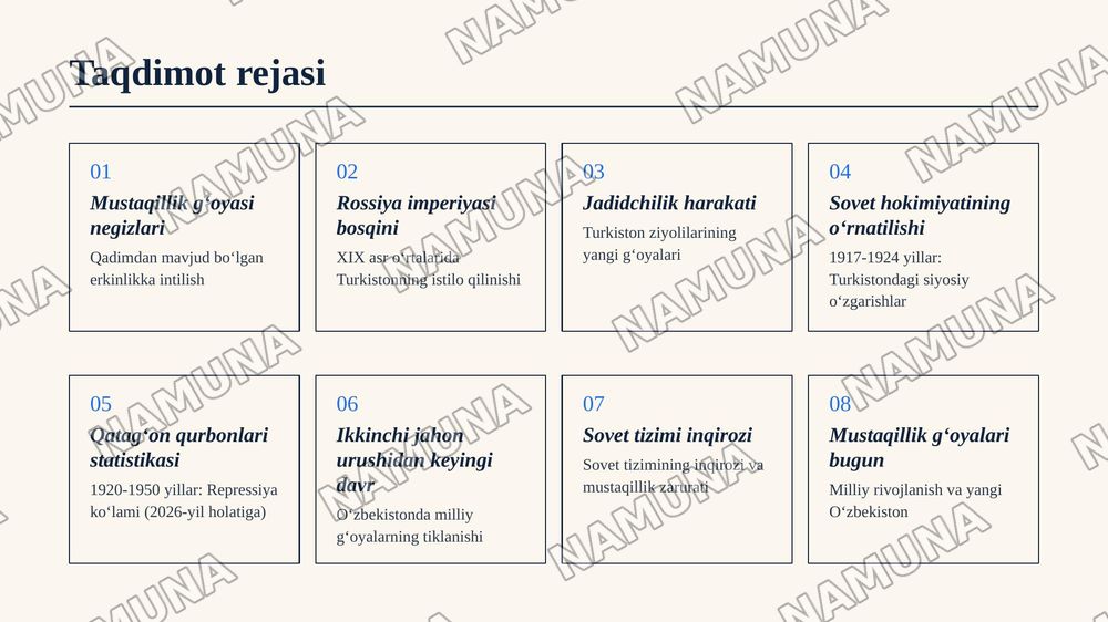 Oʻzbekistonning mustaqillik gʻoyalarining tarixiy asoslari. 
 Reja
1. Oʻrta osiyoning xonliklarga boʻlinib ketishi, uning sabab va oqibatlari.
2.Turkistonda Rossiya imperiyasi davrida milliy ozodlik harakatlari, oʻlkada jadidlarning ma’rifatparvarlik faoliyati. 
3. Oʻzbekiston sovet ittifoqi davrida — zamonaviy taqdimot, 2-slayd