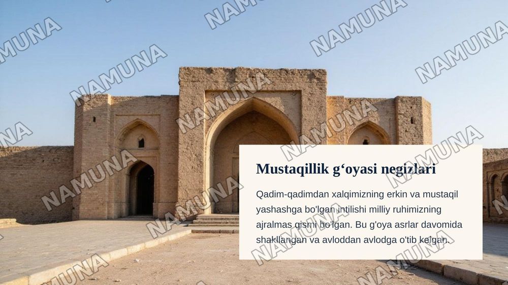 Oʻzbekistonning mustaqillik gʻoyalarining tarixiy asoslari. 
 Reja
1. Oʻrta osiyoning xonliklarga boʻlinib ketishi, uning sabab va oqibatlari.
2.Turkistonda Rossiya imperiyasi davrida milliy ozodlik harakatlari, oʻlkada jadidlarning ma’rifatparvarlik faoliyati. 
3. Oʻzbekiston sovet ittifoqi davrida — zamonaviy taqdimot, 3-slayd