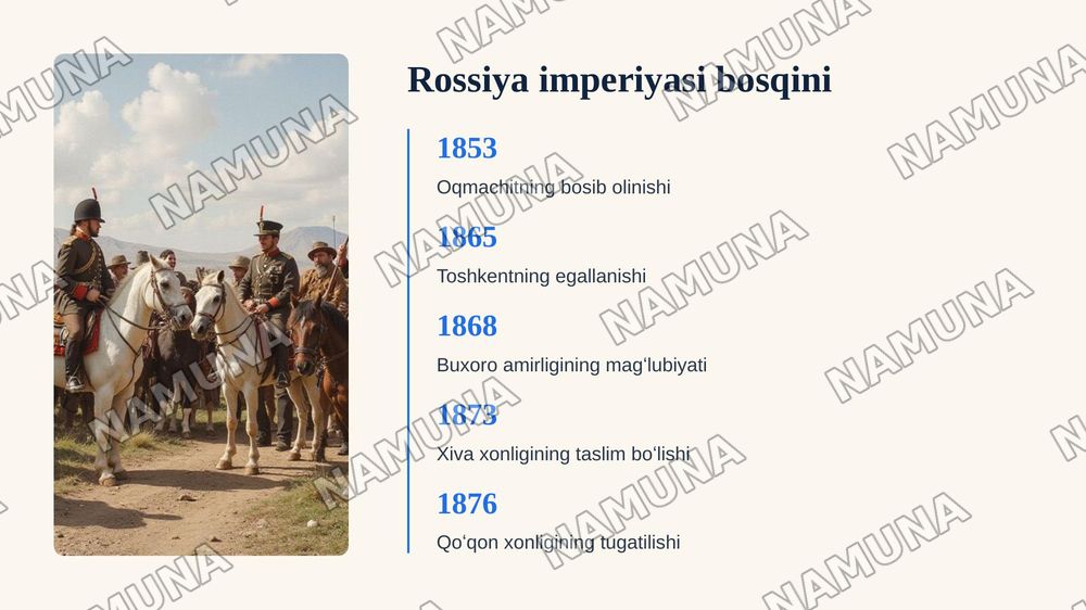 Oʻzbekistonning mustaqillik gʻoyalarining tarixiy asoslari. 
 Reja
1. Oʻrta osiyoning xonliklarga boʻlinib ketishi, uning sabab va oqibatlari.
2.Turkistonda Rossiya imperiyasi davrida milliy ozodlik harakatlari, oʻlkada jadidlarning ma’rifatparvarlik faoliyati. 
3. Oʻzbekiston sovet ittifoqi davrida — zamonaviy taqdimot, 6-slayd