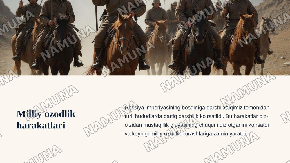 Oʻzbekistonning mustaqillik gʻoyalarining tarixiy asoslari. 
 Reja
1. Oʻrta osiyoning xonliklarga boʻlinib ketishi, uning sabab va oqibatlari.
2.Turkistonda Rossiya imperiyasi davrida milliy ozodlik harakatlari, oʻlkada jadidlarning ma’rifatparvarlik faoliyati. 
3. Oʻzbekiston sovet ittifoqi davrida — zamonaviy taqdimot, 7-slayd