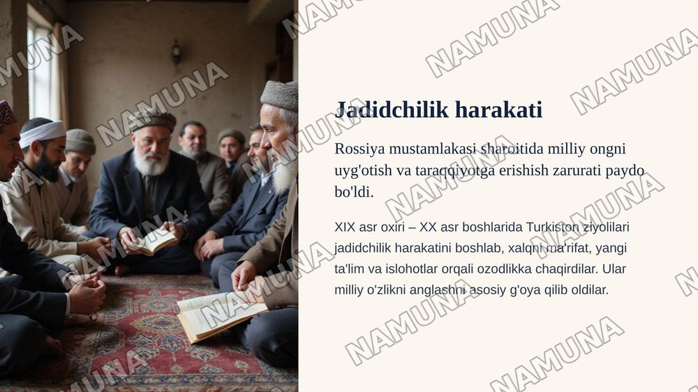 Oʻzbekistonning mustaqillik gʻoyalarining tarixiy asoslari. 
 Reja
1. Oʻrta osiyoning xonliklarga boʻlinib ketishi, uning sabab va oqibatlari.
2.Turkistonda Rossiya imperiyasi davrida milliy ozodlik harakatlari, oʻlkada jadidlarning ma’rifatparvarlik faoliyati. 
3. Oʻzbekiston sovet ittifoqi davrida — zamonaviy taqdimot, 8-slayd