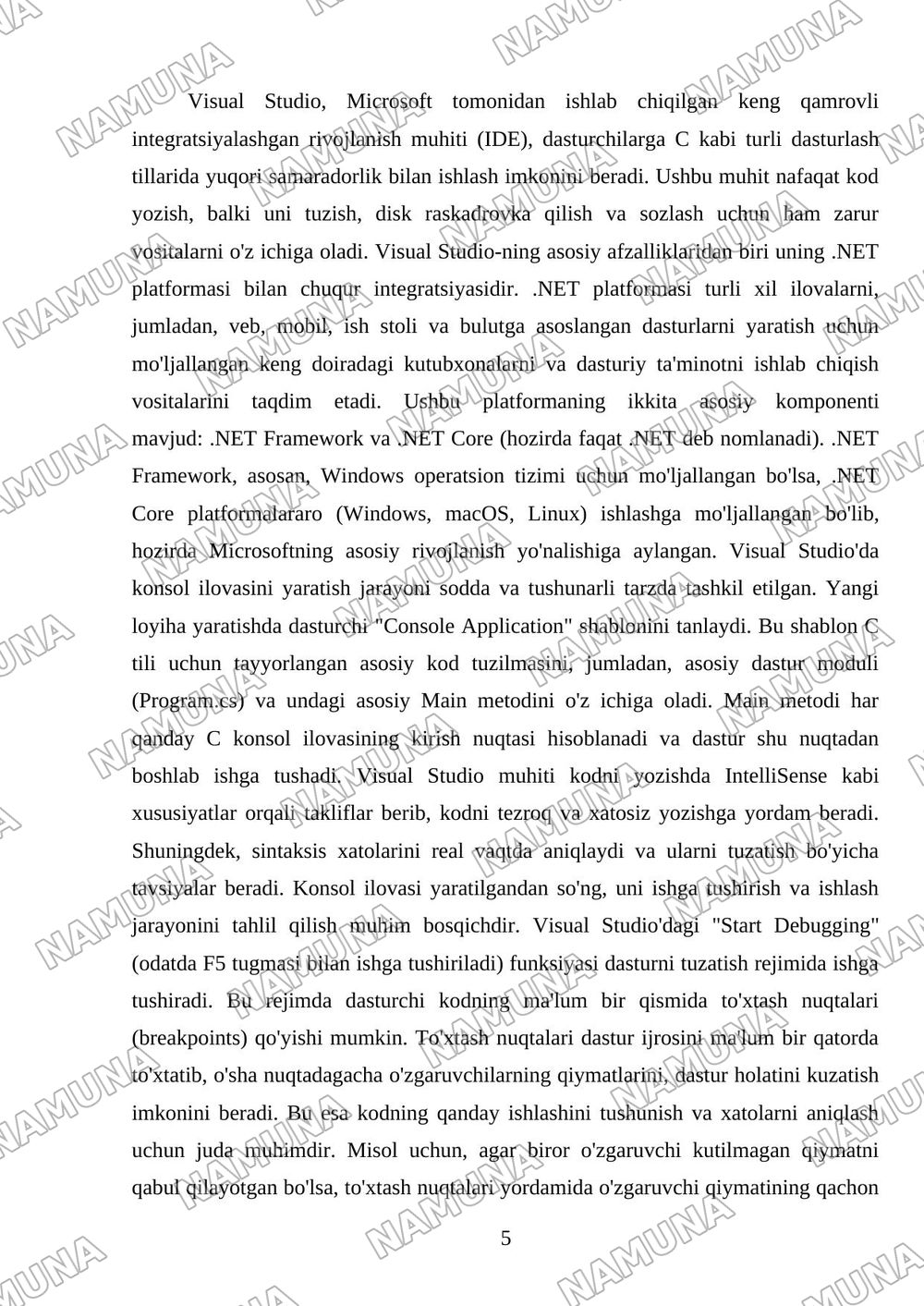 C# dasturlash muhiti va .NET platformasining tuzilishini oʻrganish,Visual Studio muhitida konsol ilovasini yaratish va uning ishlash jarayonini tahlil qilish. — mustaqil ish, 5-varaq