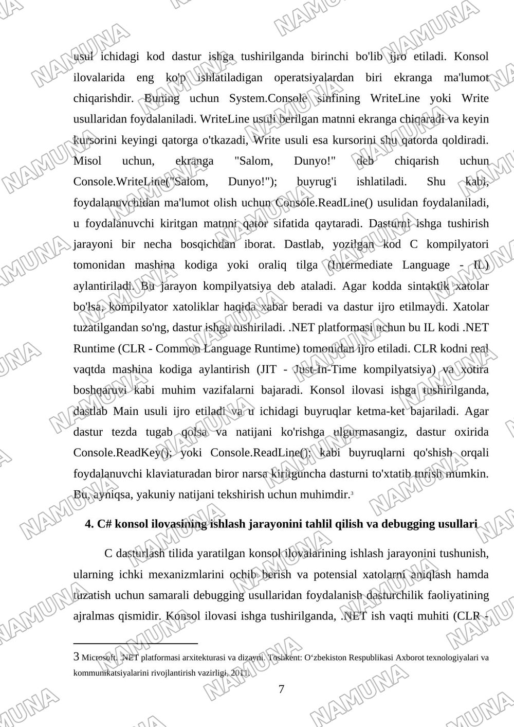 C# dasturlash muhiti va .NET platformasining tuzilishini oʻrganish,Visual Studio muhitida konsol ilovasini yaratish va uning ishlash jarayonini tahlil qilish. — mustaqil ish, 7-varaq