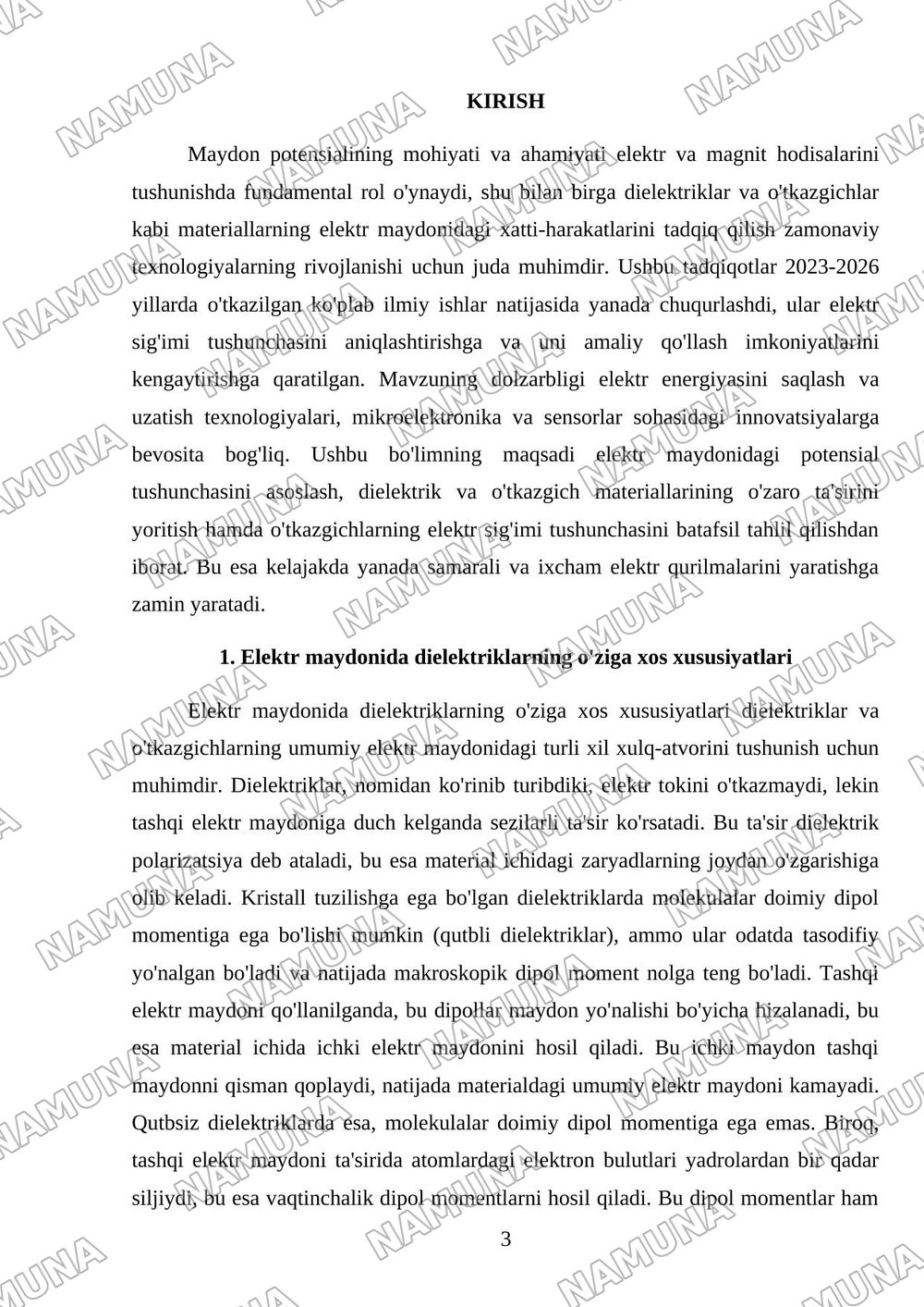 Maydon potensiali. Elektr maydonida dielektriklar va oʻtkazgichlar. Oʻtkazgichlarning elektr sigʻimi. — mustaqil ish, 3-varaq