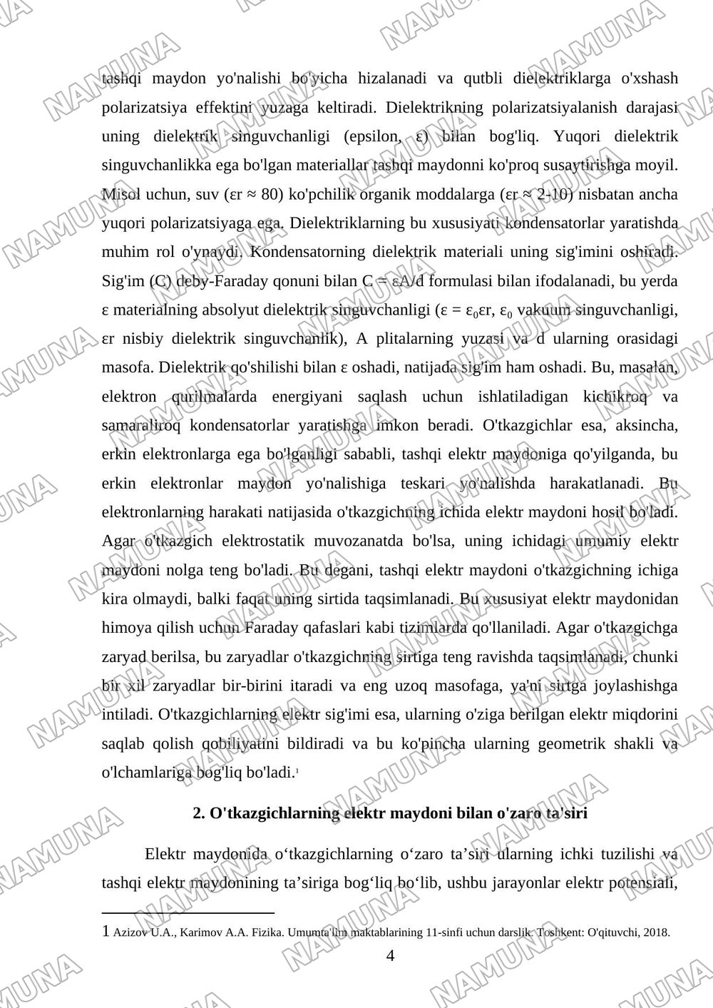 Maydon potensiali. Elektr maydonida dielektriklar va oʻtkazgichlar. Oʻtkazgichlarning elektr sigʻimi. — mustaqil ish, 4-varaq