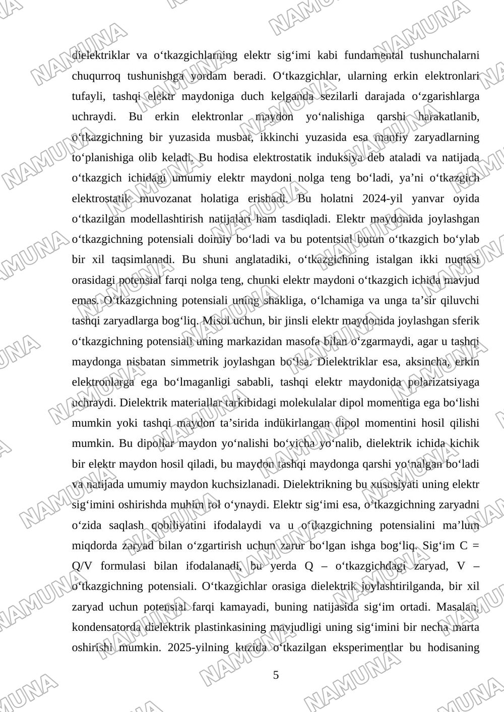 Maydon potensiali. Elektr maydonida dielektriklar va oʻtkazgichlar. Oʻtkazgichlarning elektr sigʻimi. — mustaqil ish, 5-varaq