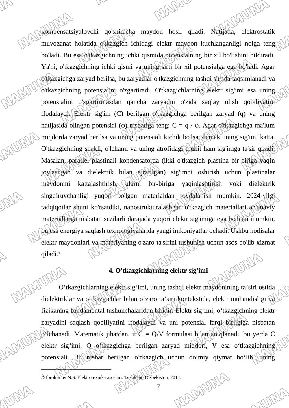 Maydon potensiali. Elektr maydonida dielektriklar va oʻtkazgichlar. Oʻtkazgichlarning elektr sigʻimi. — mustaqil ish, 7-varaq