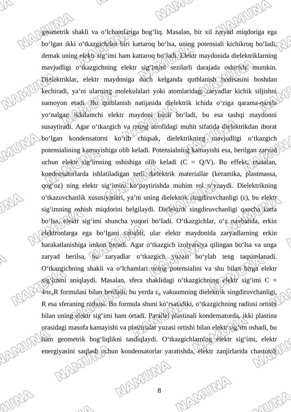Maydon potensiali. Elektr maydonida dielektriklar va oʻtkazgichlar. Oʻtkazgichlarning elektr sigʻimi. — mustaqil ish, 8-varaq