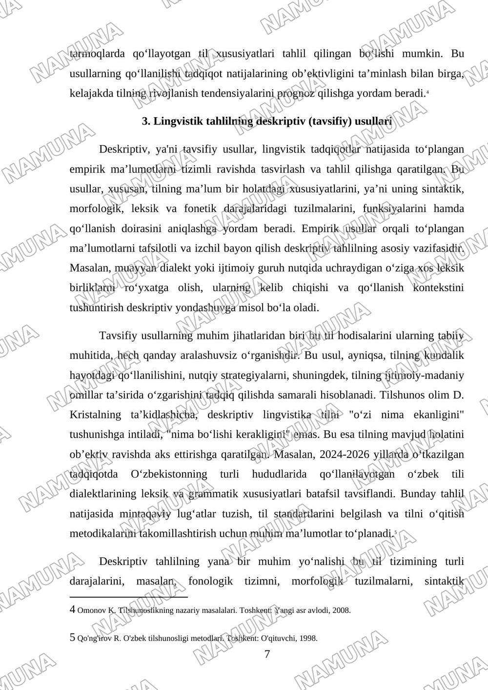 LINGVISTIK TAHLIL METODLARI VA ULARNING TURLARI MAVZUSI BO‘YICHA ILMIY MAQOLALARNI ADABIYOTLAR ASOSIDA TAHLIL QILISH 4. Tadqiqot metodologiyasi va usullari Qo‘llanilgan usullar: Empririk (kuzatish, — mustaqil ish, 7-varaq