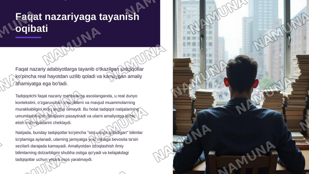 1.·  Tadqiqotchi faqat nazariy adabiyotlarni o‘rganib, amaliy ma’lumot to‘plamasa, uning tadqiqotida qanday metodologik cheklov yuzaga keladi? — zamonaviy taqdimot, 5-slayd