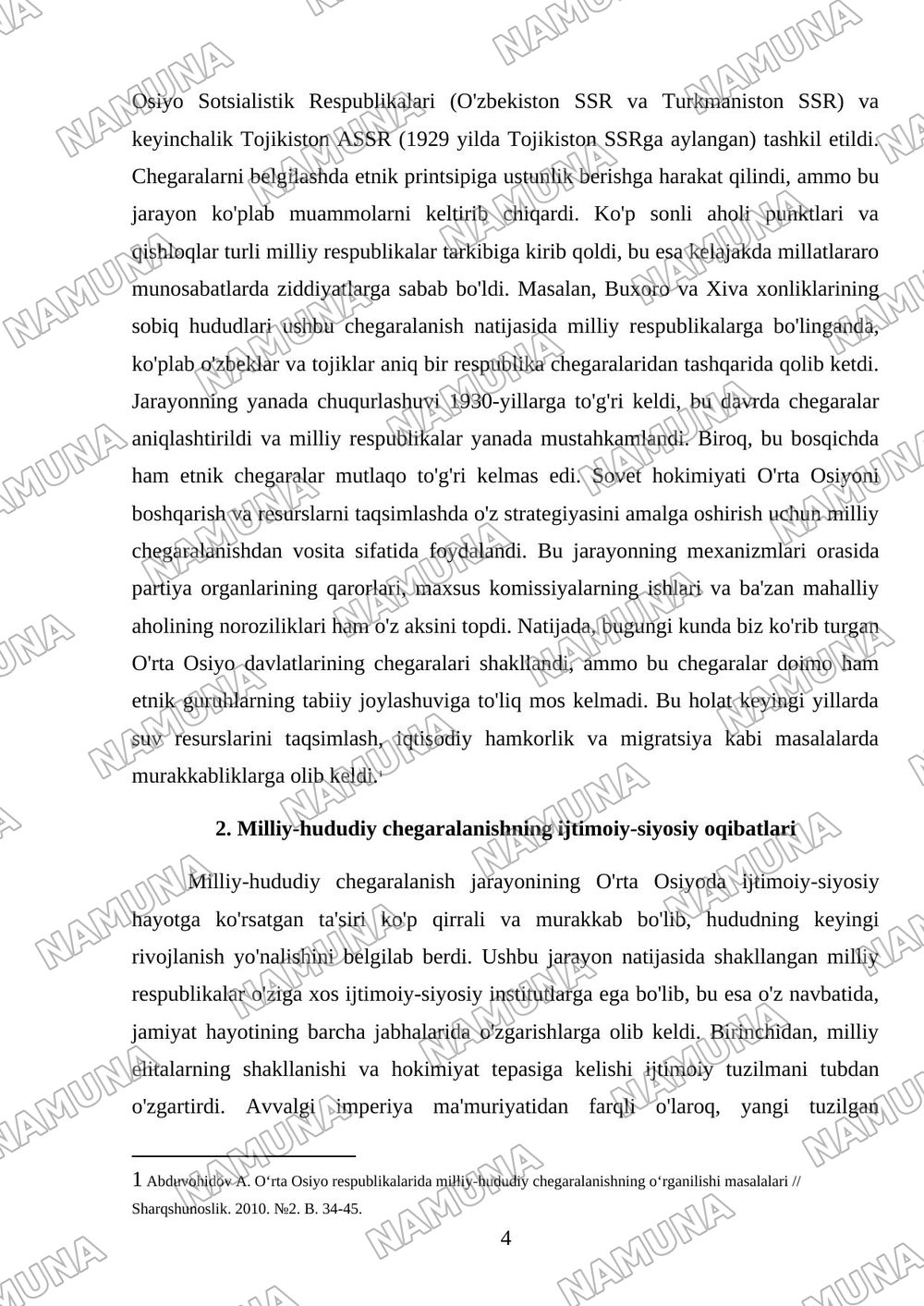 O'rta Osiyoda milliy-hududiy chegaralanishning o'tkaziliashi maqsad va mohiyati — referat, 4-varaq