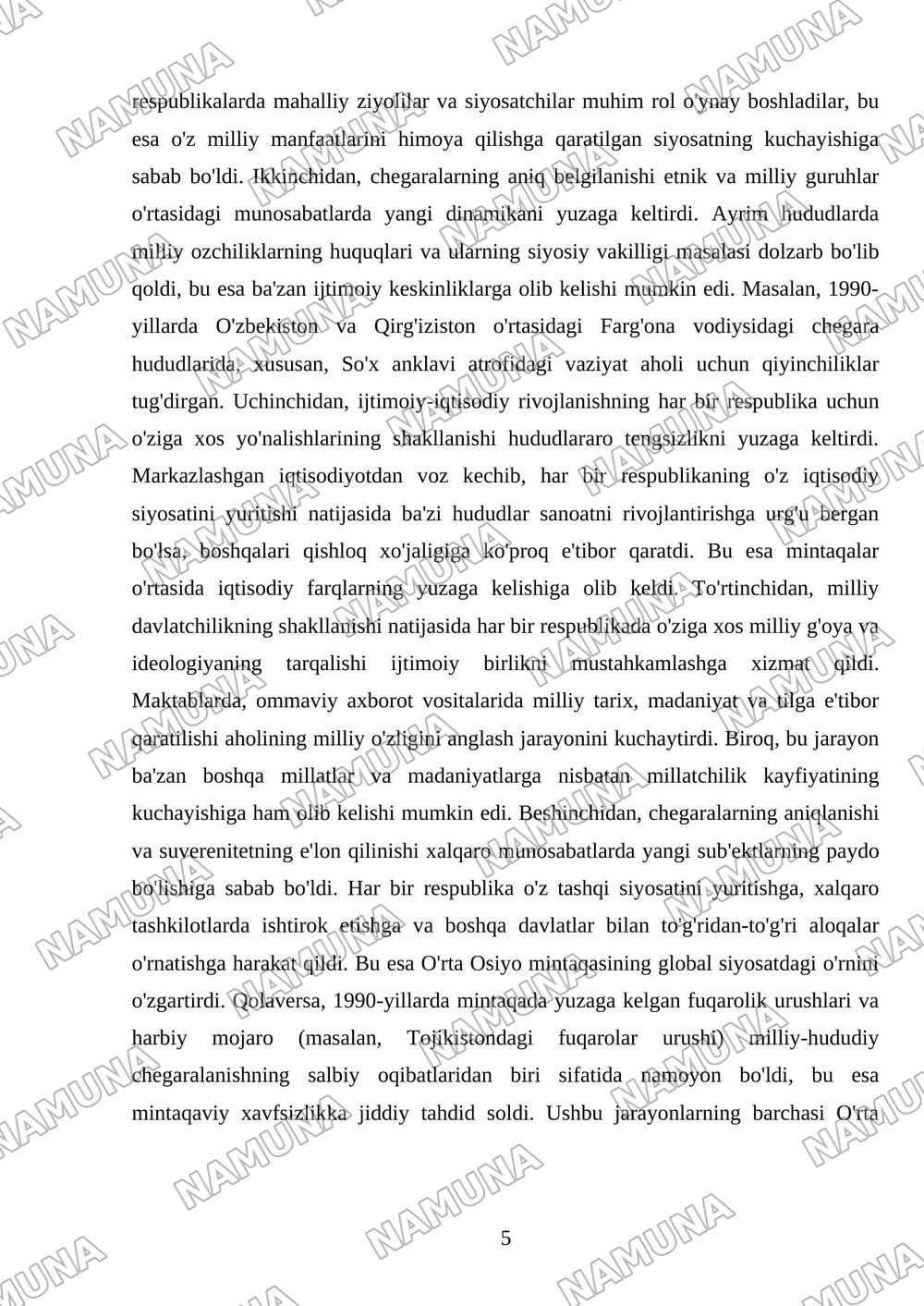 O'rta Osiyoda milliy-hududiy chegaralanishning o'tkaziliashi maqsad va mohiyati — referat, 5-varaq